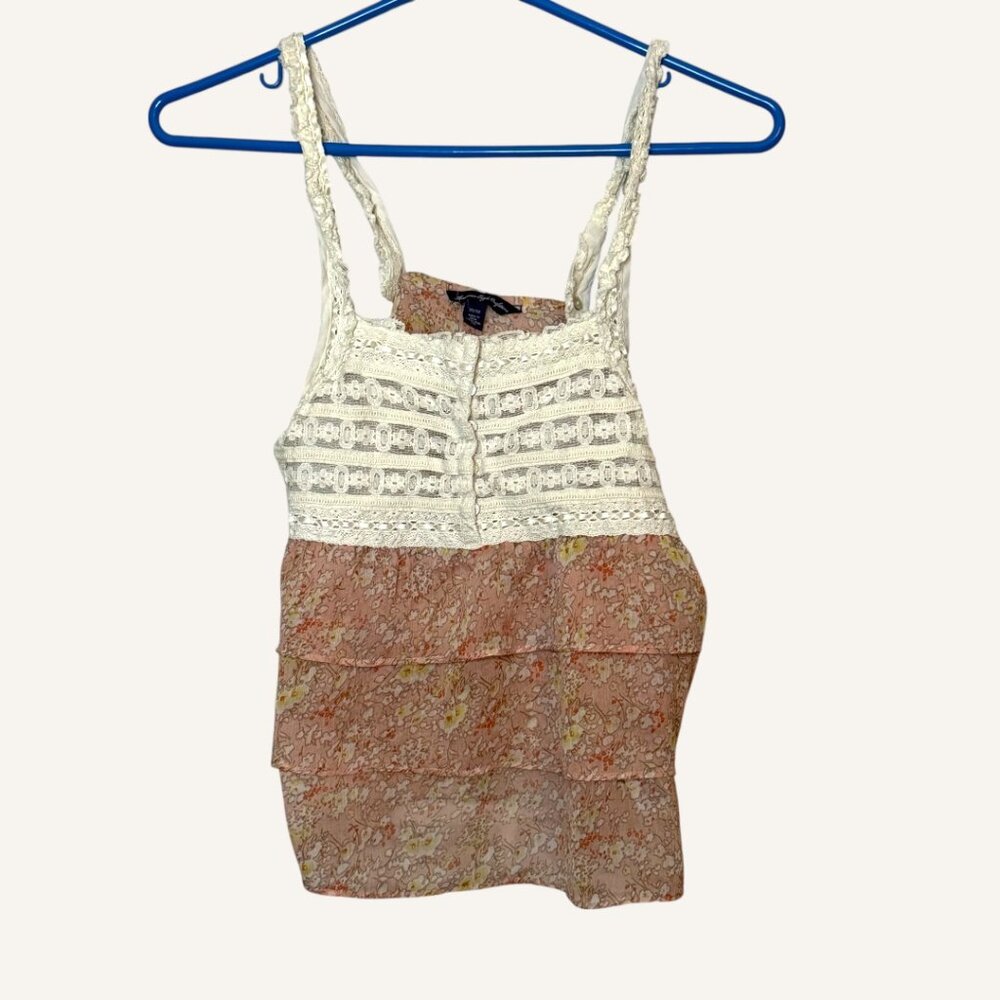 American Eagle XS Lace Floral Tiered Baby Tank Top Boho Cottagecore Pink White
